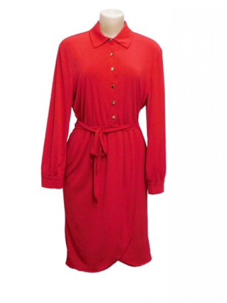 Women Casual Tie Waist Long Sleeve Hot Red Shirt Dress.