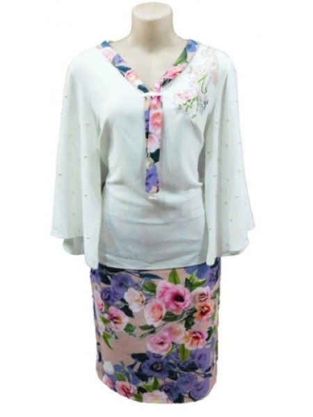 Women Fashion White Chiffon Blouse and Straight Floral Skirt.