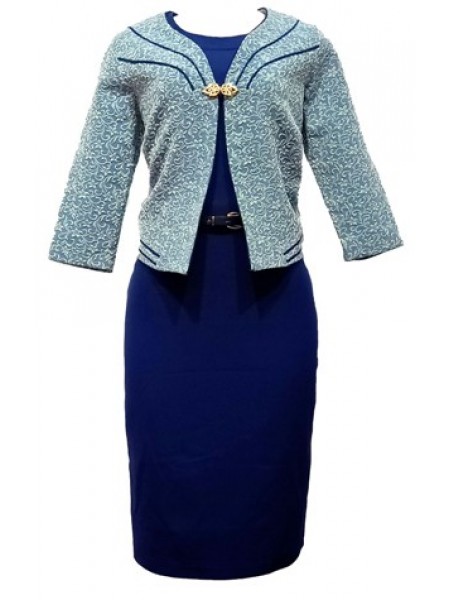 Blue Formal Dress With Embroidered Jacket Rhinestone Clasp.