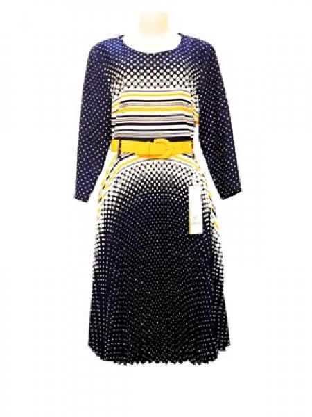 Multi Colored Vintage Round Neck Yellow Belt Polka Dotted Pleated Bottom Dress.